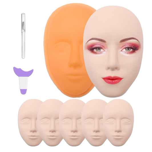Makeup Practice Face Kit - Includes 6PCS Practice Fake Face & 5D Face Model Stand and Eye Makeup Assistance Tools, Ideal for Daily Makeup Training and Workshops