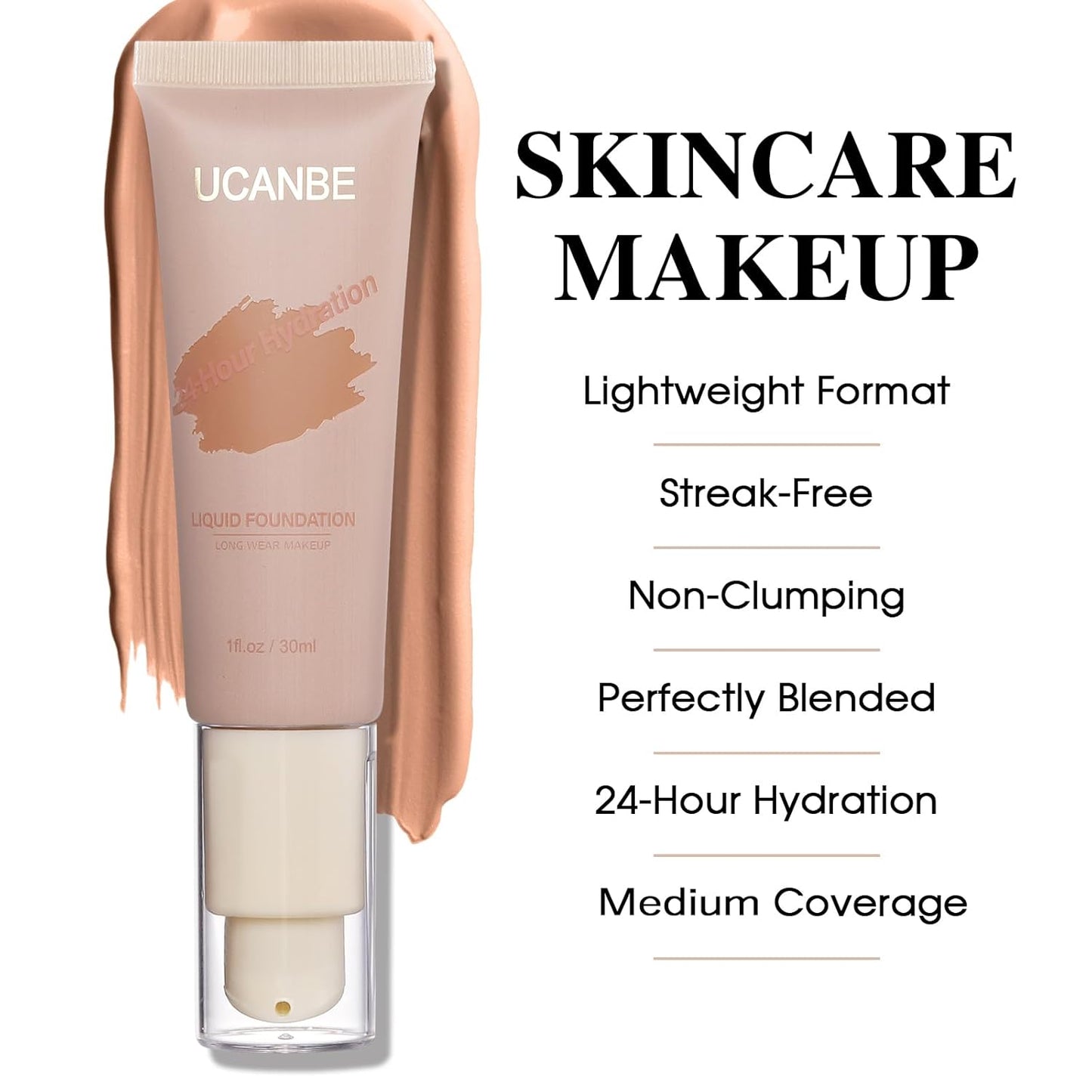 UCANBE Matte Liquid Foundation with Brush, Skincare Serum Foundation Face Makeup with Hyaluronic Acid, Medium to Full Coverage Waterproof Oil Control Longwear, for Mature Skin, Classic Tan, 1 fl. oz.
