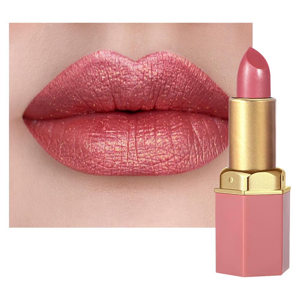 Coral Pink Metallic Lipstick for Women,Lightweight Shimmer Frosted Lipstick,Glitter Lip Gloss Stain Long Lasting Waterproof Smudge Proof 24 Hour Full Coverage Lip Makeup,Vegan