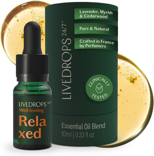 LIVEDROPS 24/7 Relaxed Essential Oil Blend - Lavender, Myrrh & Cedarwood - Calming Scent - Pure & Natural Aromatherapy - Skin Safe & Diffuser Compatible - Crafted in France by Perfumers