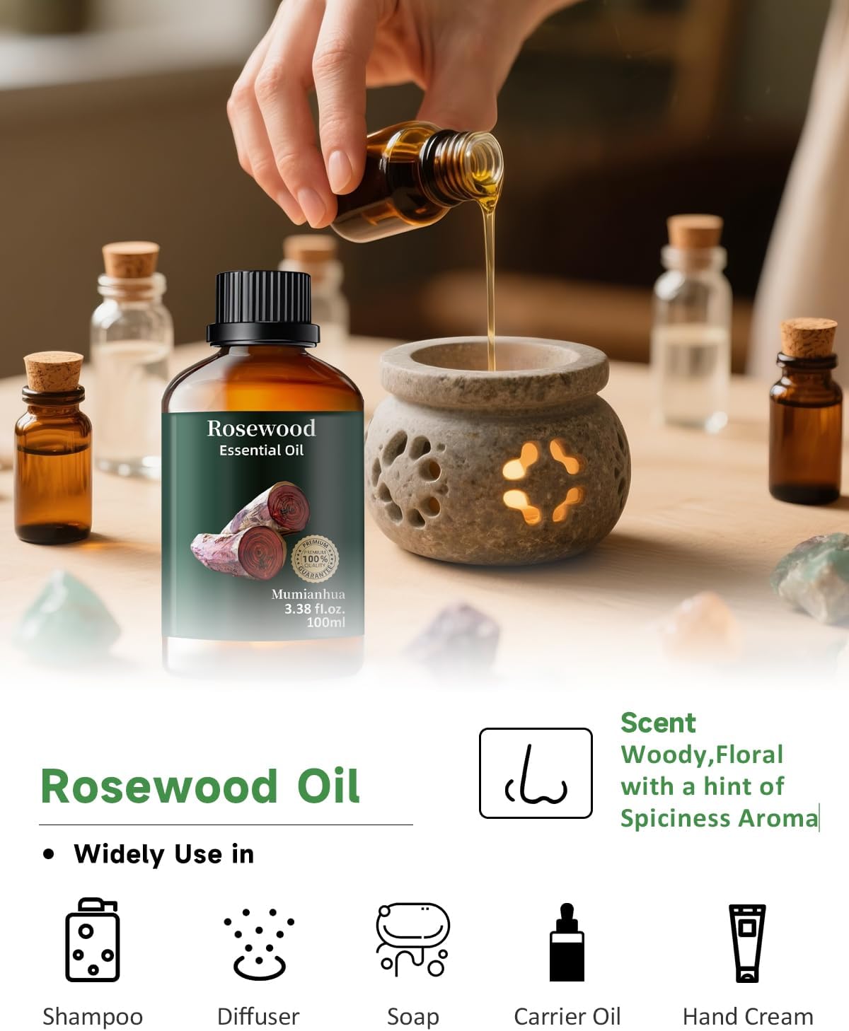 Rosewood Essential Oil Pure, Mumianhua Natural Organic Pure Premium Therapeutic Rosewood Oils for Skin, Body, Hair Care, Diffuser, Candle, Soap, Making, DIY, Massage 3.38 Fl Oz