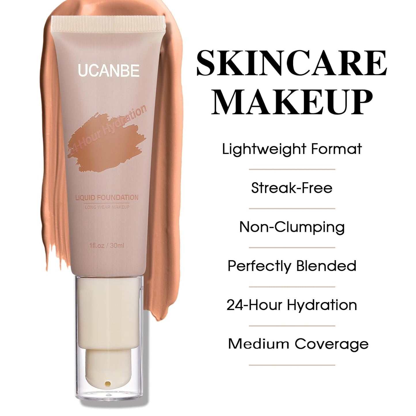 UCANBE Matte Liquid Foundation Makeup, Medium to Full Coverage Waterproof Longwear Serum Cream Foundation for Combination & Oily Mature Skin, Lightweight Hydrating & Nourishing, Coconut, 1 fl. oz.
