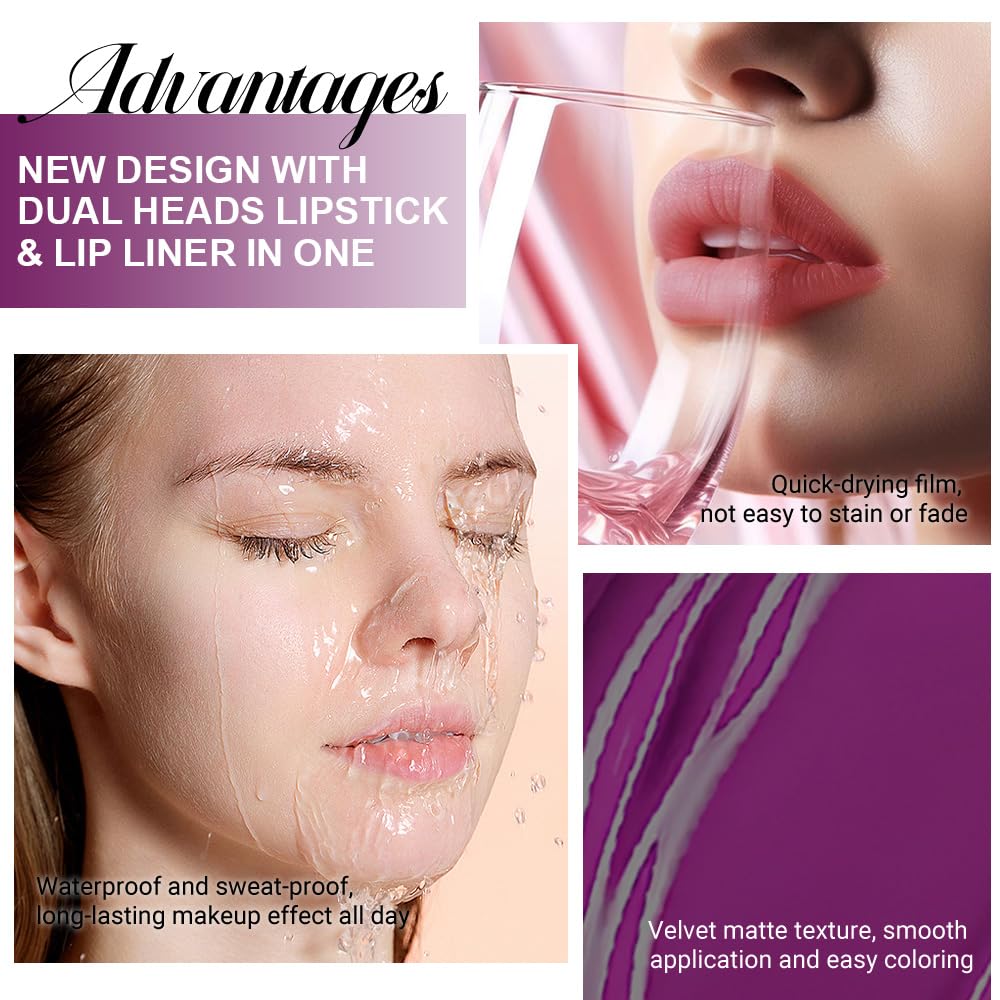 evpct 1Pcs Purple Matte Lip Liner & Liquid Lipstick Stain Makeup Set for Women, Purple Lip Liner Stain Long Lasting Waterproof Smudge Proof, Cruelty Free Lip Stick Makeup 24 hours originales, 52