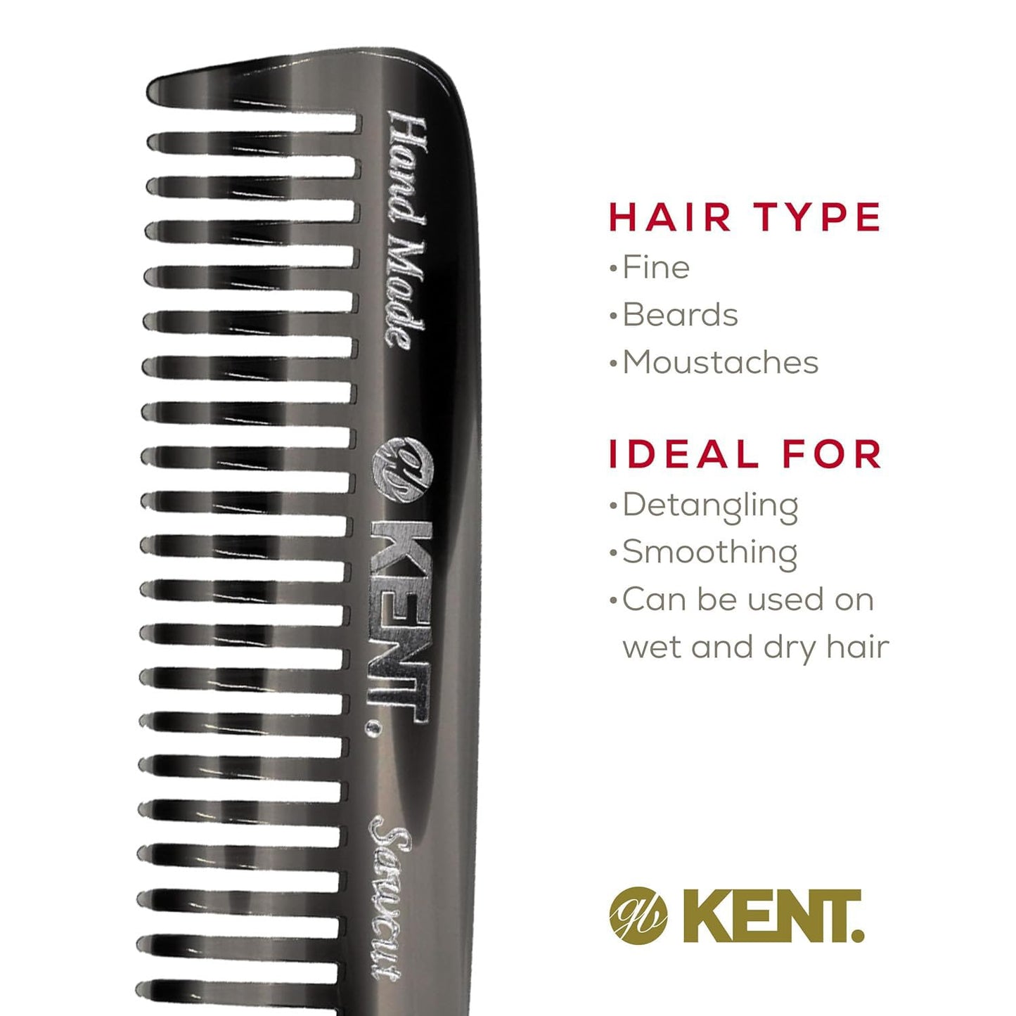 Kent 93T Black Graphite Wide Tooth Men's Comb, for Mustache and Beard ideal for Facial Hair, Small Pocket Sized Travel Detangler Comb, Saw-Cut Hand polished Made in England
