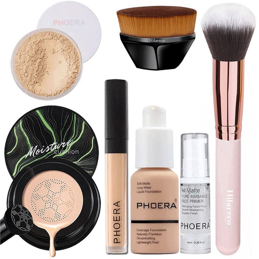 PHOERA Foundation Full Coverage Makeup, Mushroom Head Air Cushion CC Cream Natural Foundation Set,PHOERA Concealer, PHOERA Primer, PHOERA Powder, Foundation Brushes (103 Warm Peach+ 03 Warm Nude CC)
