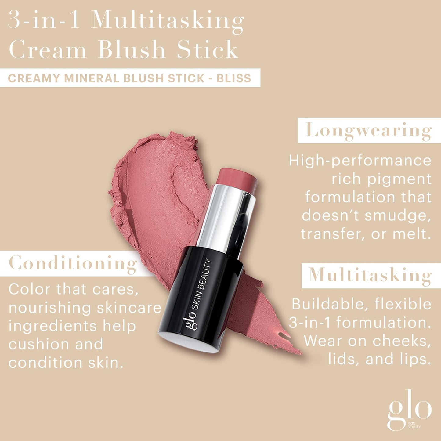 Glo Skin Beauty Cream Blush Stick (Bliss) | 3-in-1 Multitasking Long-Wear Cheek, Lips + Lids Stick | Packed with Skincare Benefits