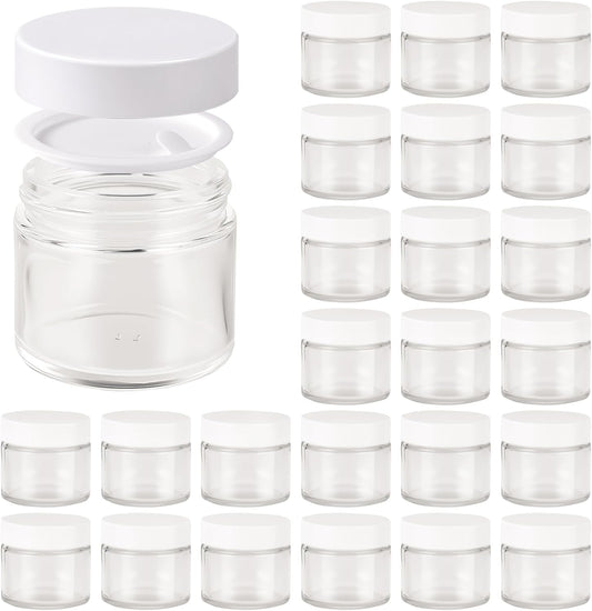 2oz Jars with Lids, Hoa Kinh 24 Pack Clear Glass Jars with Lids Empty Cosmetic Containers Round Airtight Glass Jar with Inner Liners and White Lid for Storing Lotions, Powders, and Ointments