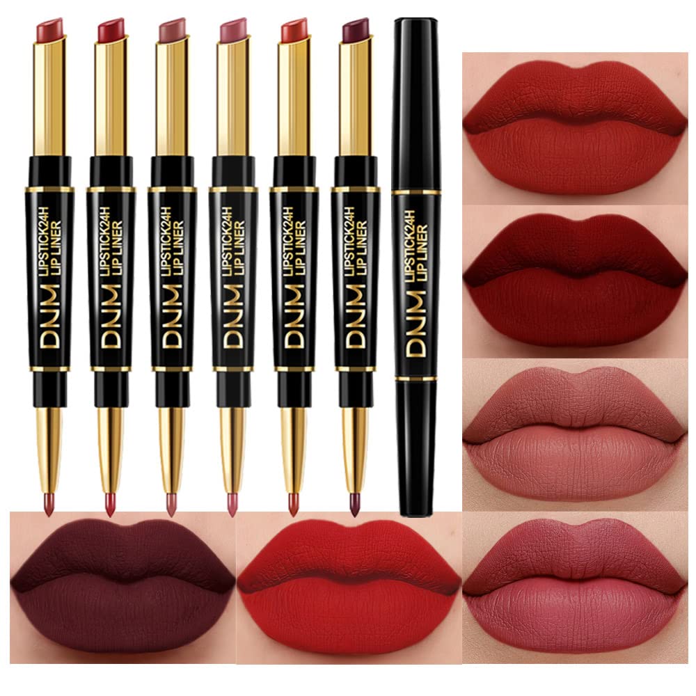 evpct 6Pcs Red Lip Liner and Lipstick Lip Stain Crayon Gift Set for Women Dark Deep Red Nude Long Lasting 24 Hour Matte Color Stay Lipstick with Lip Liner Set labiales mate 24 horas originales