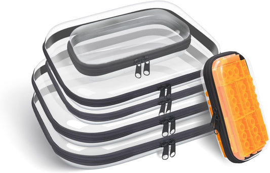 Clear Hard Plastic Zipper Case,Transparent Double Zippers Hard Pouch with 6pcs,Portable Travel Organizer Bin for Toy Storage