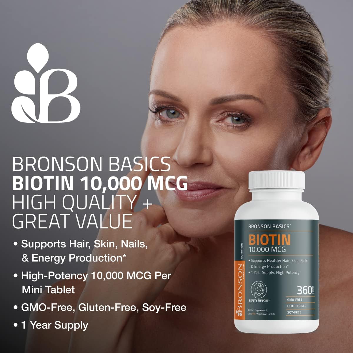 Bronson Biotin 10,000mcg, Supports Healthy Hair, Skin and Nails, Vegetarian, Non-GMO, 360 Tablets