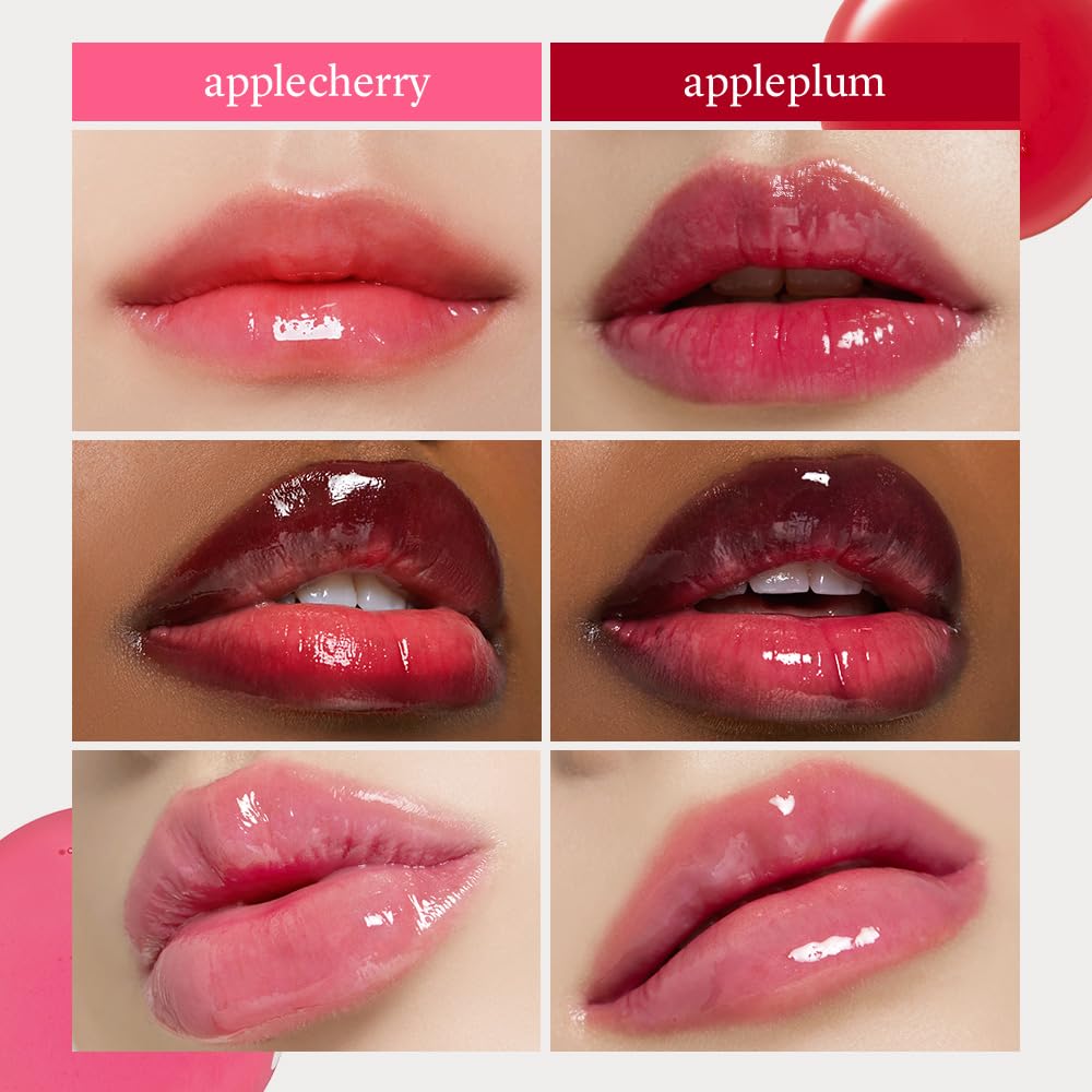 NOONI Vegan Appleseed Lip Oil Set - Applecherry & Appleplum | Long-Lasting, Moisturizing, Plumping, Revitalizing for Dry Lips, Waterproof, No Peel Off, Korean Tint, 0.12 FL Oz x 2ea