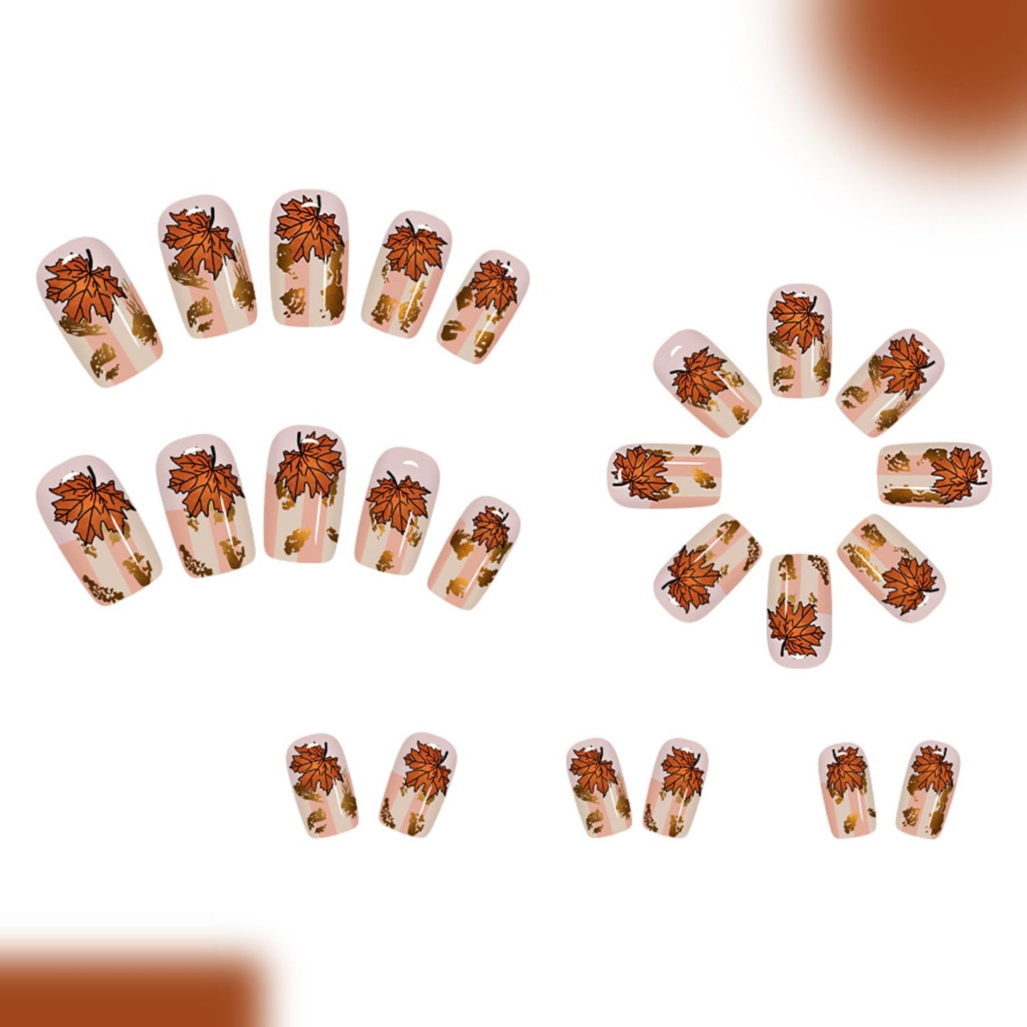 Gold Foil Maple Leaf Press on Nails Medium Square Fall Maple Leaves Fake Nails Glossy Thanksgiving Acrylic Glue on Nail Autumn Stripe Stick on Nail for Women DIY Manicure