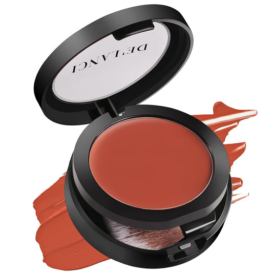 DE'LANCI 2 In 1 Cream Blush for Cheeks & Lips & Eyeshadow in a Waterproof Smooth Moisturizing Creamy Formula, Buildable Lightweight Red Blush Balm with Built-in Brush and Mirror, Easy to Use, Rust