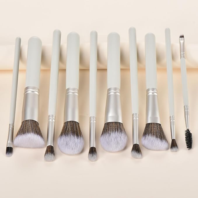 10 Piece Makeup Brushes - Grayish Green Wooden Handle with Soft Synthetic Bristles,for Face & Eye Makeup|Professional Makeup Brushes set for Women & Girls|
