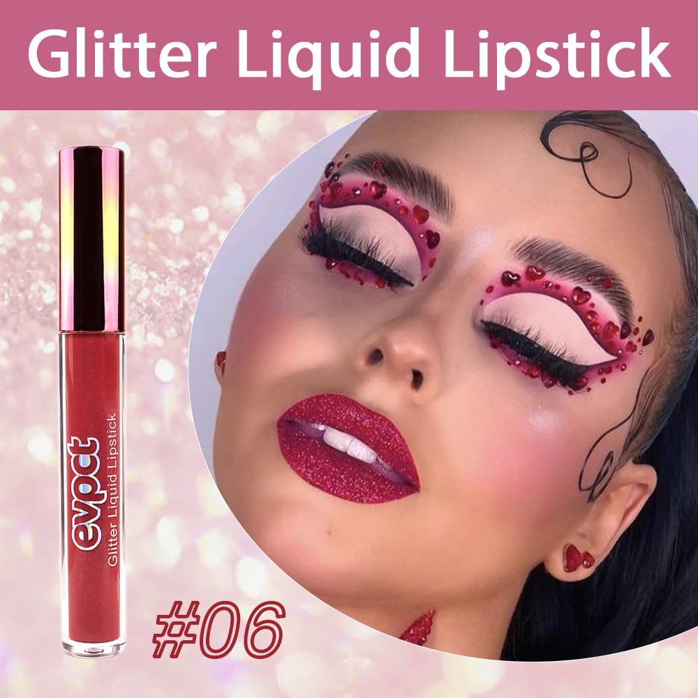evpct 1Pcs Wine Red Matte to Glitter Liquid Lipstick Lip Set Kit, Long Lasting Matte Diamond Glitter Lipstick Waterproof, Colorful Sparkly Glossy Metallic Shimmer Sparkle Lip Gloss for Women 06#
