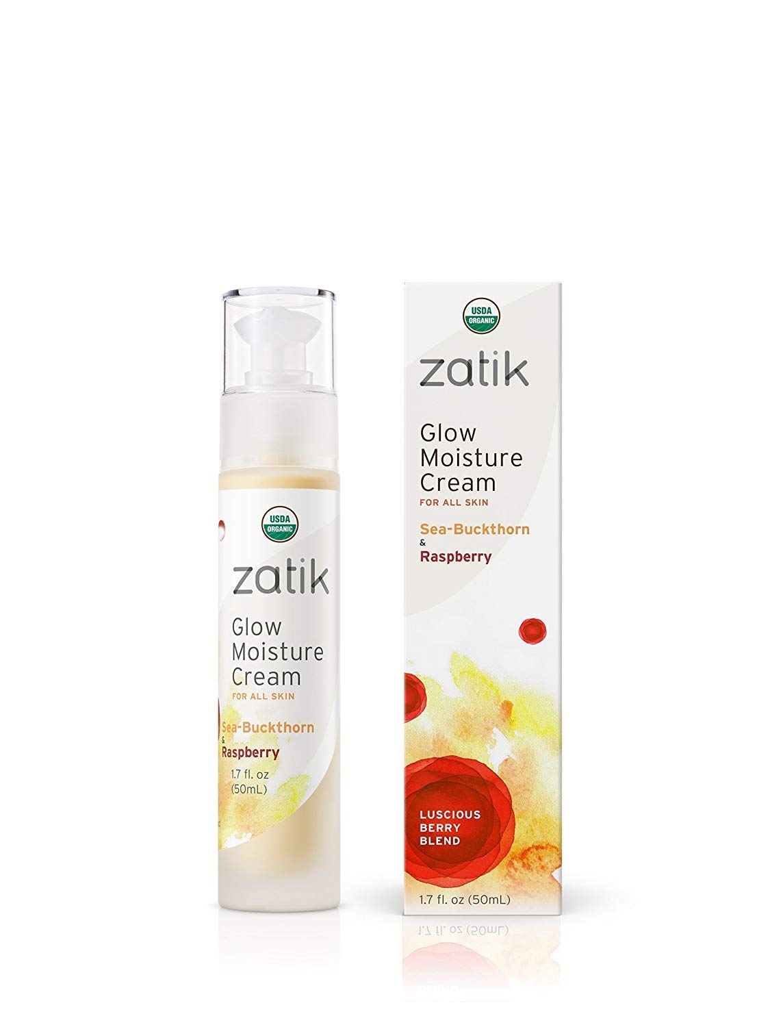 Zatik Naturals - Glow Moisture Cream, Sea-Buckthorn & Raspberry Luscious Berry Blend, USDA Certified Organic, Vegan, Non-GMO, Gluten Free, Alcohol Free, pH Balanced, Biodegradable, 1.7 oz, 50 mL