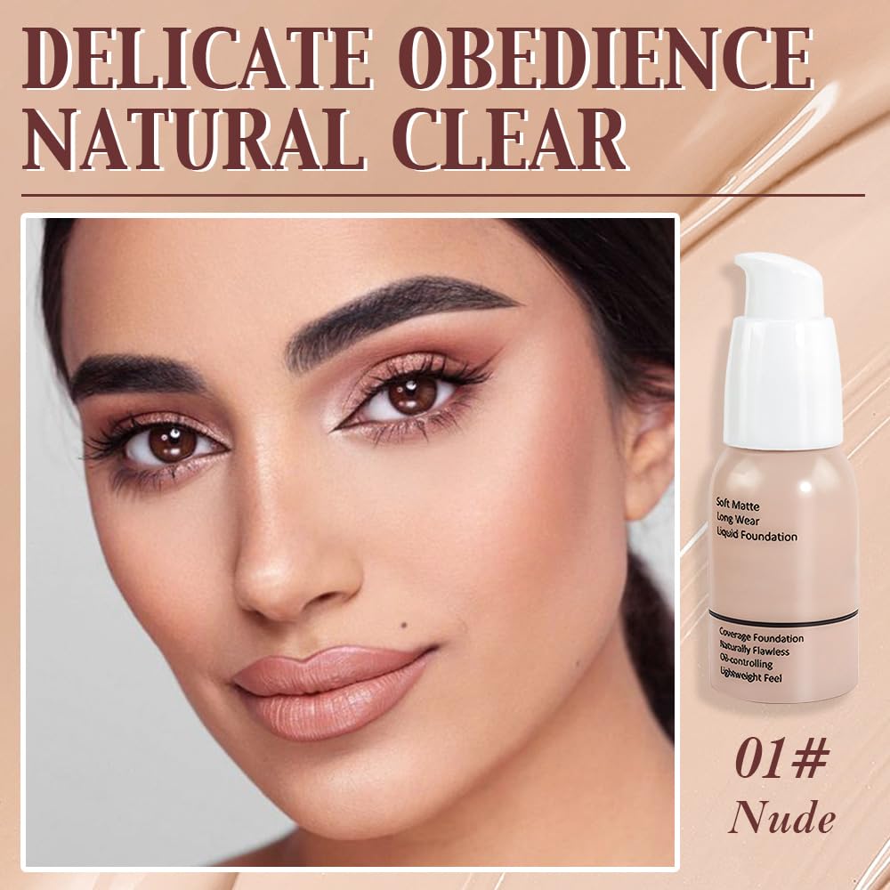 2Pcs Matte Liquid Full Coverage Foundation, Flawless Soft Matte 24HR Oil Control Full Coverage Foundation Makeup for Women, Long-Lasting Waterproof Full Coverage, 01#Nude (01+01, Pack of 2)
