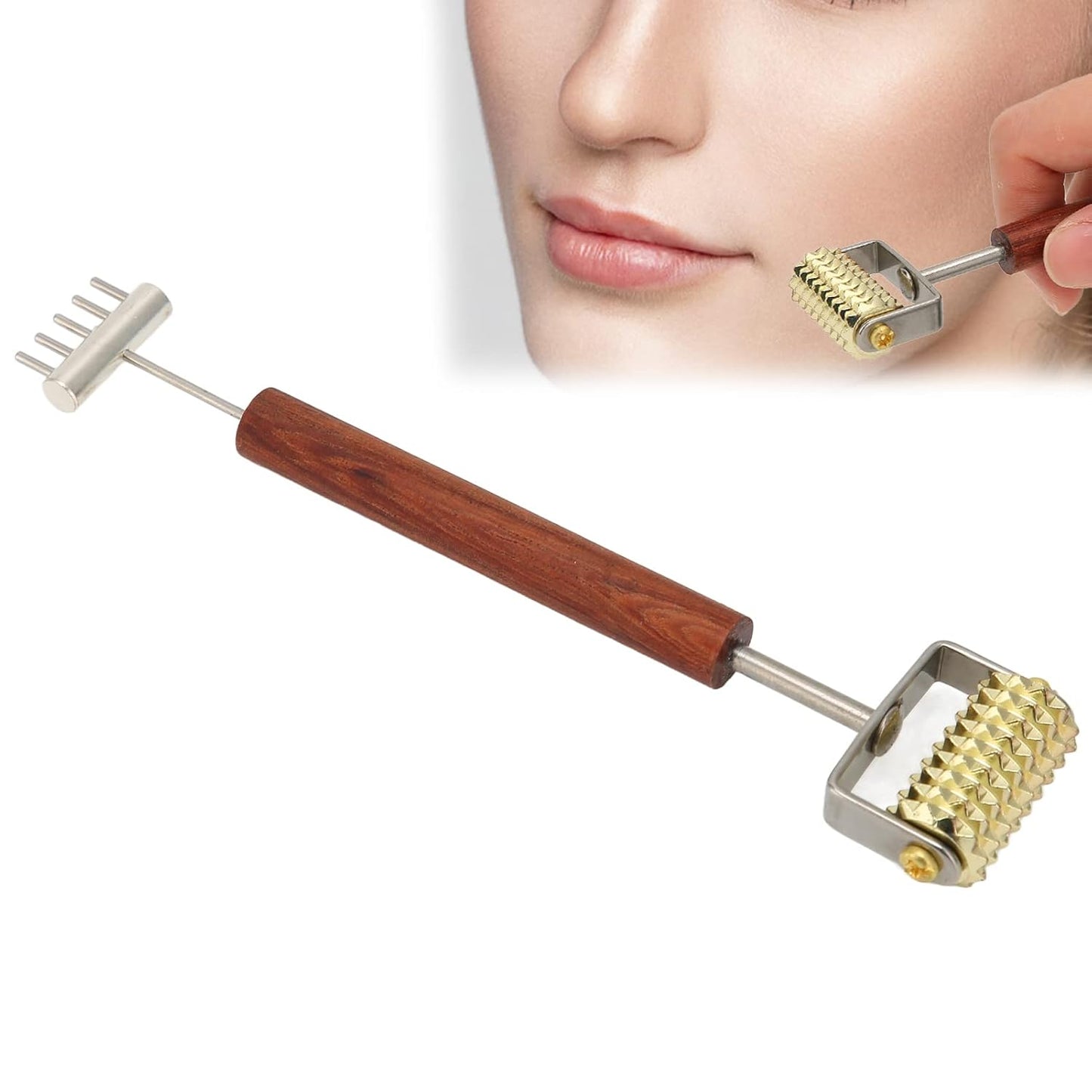 Double Head Design Face Massage Roller, Copper Wooden Handle Promote Circulation Double Head Skin Roller Massage Stick Copper Acupoint Pressing Tool