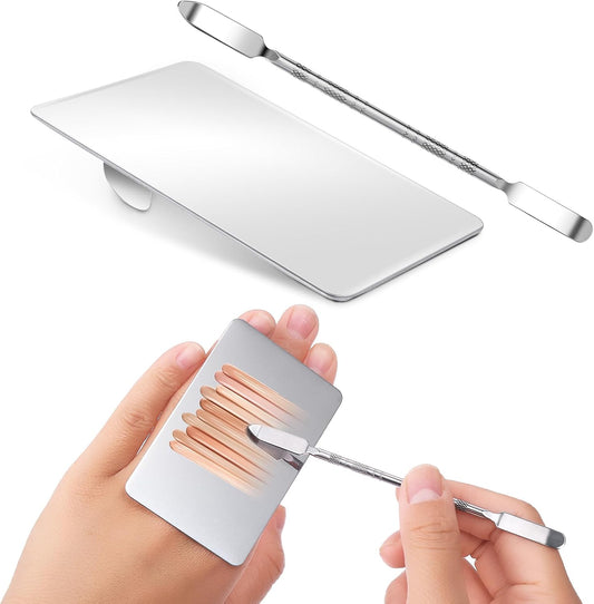 Makeup Mixing Palette with Handle Stainless Steel Makeup Spatula Palette with Foundation Spatula Multifunction Foundation Mixing Palette & Makeup Mixer for Mixed Cosmetics (2.9×1.9",Silver)