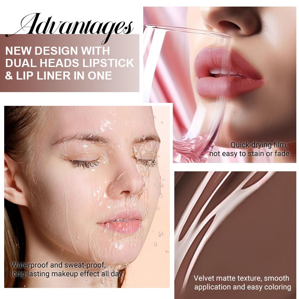 Kaely 2-in-1 Matte Lipstick and Lip Liner, Liquid Lip Stain Makeup for women Long Lasting Waterproof Smudge Proof, labiales matte mate larga duracion listip 24 hours originales, 25 Brown