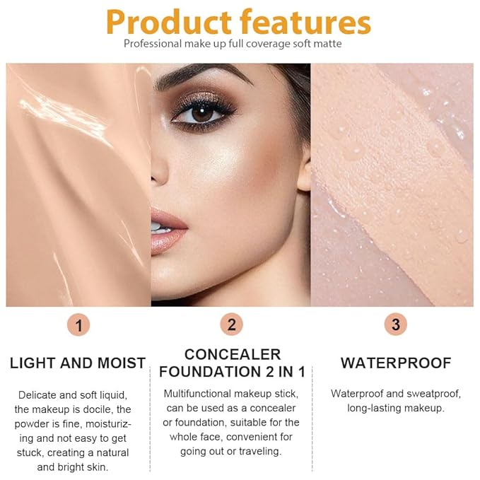 2 Pack Liquid Foundation Cream with Foundation Brush for Face Makeup,Durable Full Coverage Matte Concealer Make Up,Oil Control & Waterproof Base Primer -1 Fl.Oz (#02)