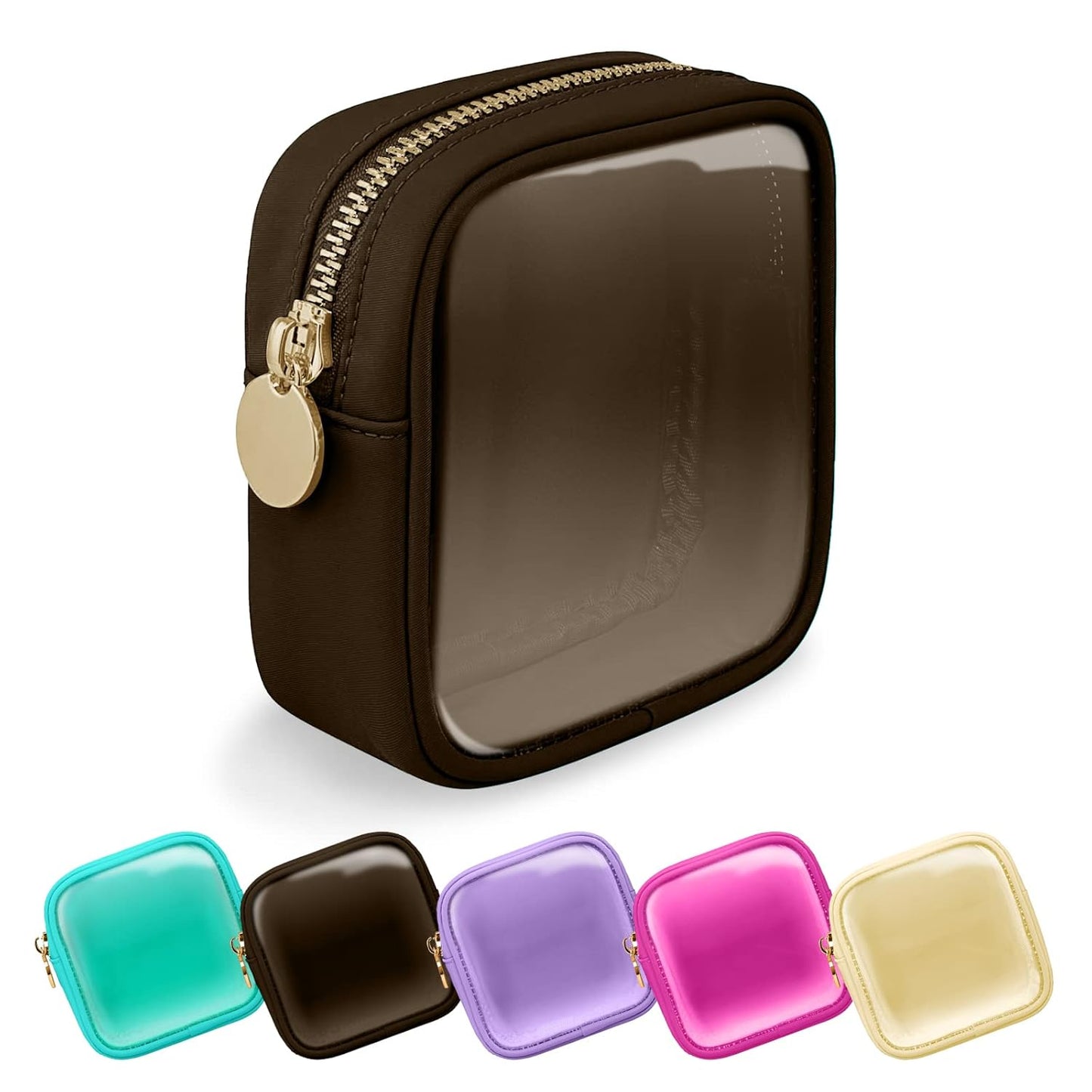 Clear Mini Makeup Bag for Purse, Small Nylon&PVC Cosmetic Travel Bag TSA Approved Toiletry Bag with Zipper, Preppy Transparent Makeup Travel Bag Coin Purse for Women Men Girls(Mini-Chocolate)
