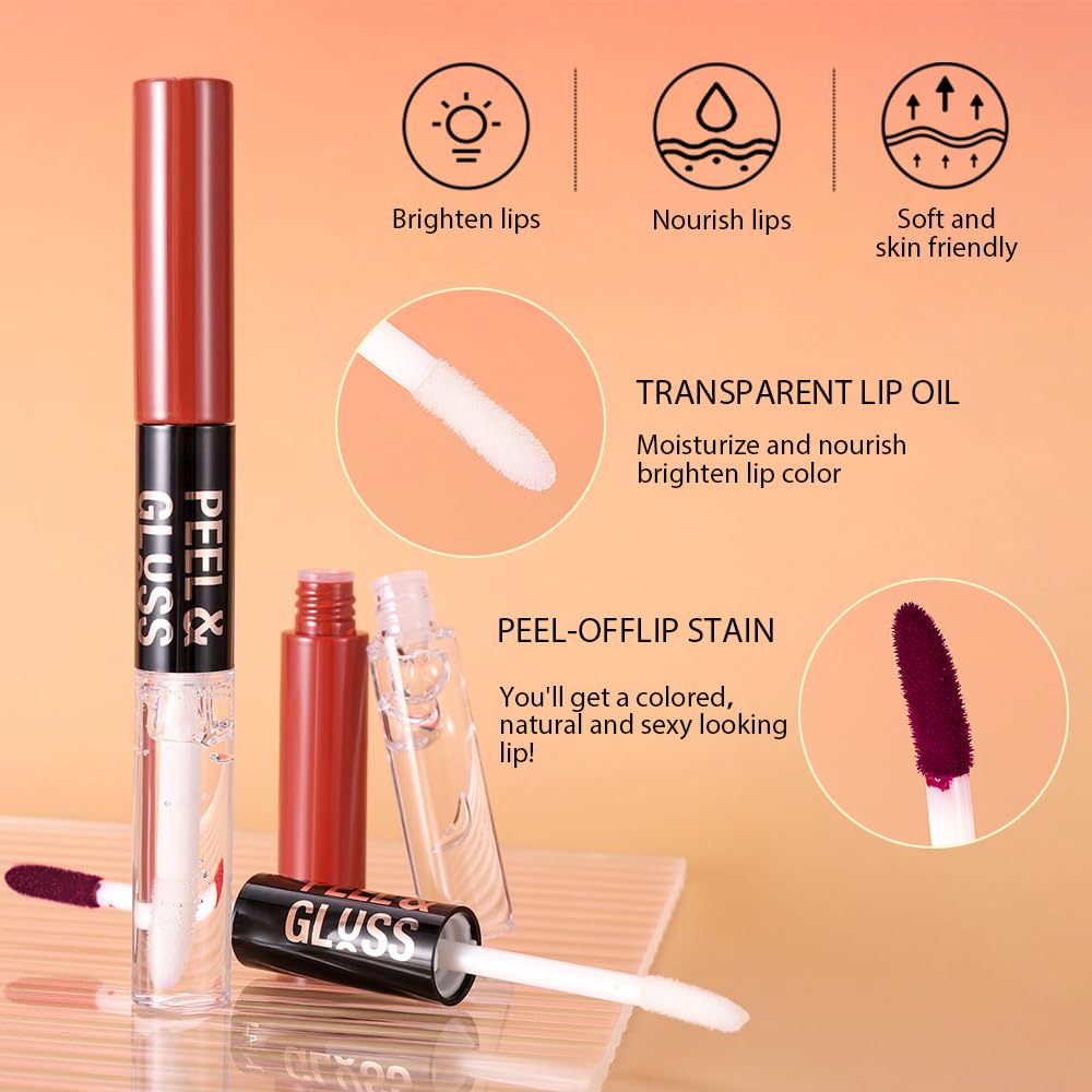 Deep Berry Lip Stain Peel Off Lip liner and Lip oil with Tweezer, Dual-Ended Peel Off Lip Stain Tattoo, Highly Pigmented Long Lasting Waterproof, Transfer-proof for All Skin Types, 08#