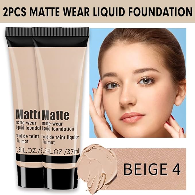 2 Pack Liquid Foundation Cream for Face Makeup,Durable Full Coverage Matte Concealer Make Up,Oil Control & Waterproof Base Primer -1+1 Fl.Oz-BEIGE 4#