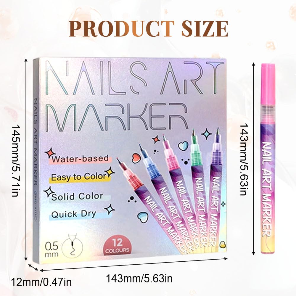 12 Colors Nail Art Pens Set, 2026 New DIY Nail Art Markers for Gel Nails, 3D Nail Polish Pens Quick Dry Graffiti Dotting Point Liner Pens Acrylic Paint Pens Kit for DIY Nail Art Drawing Painting Tools