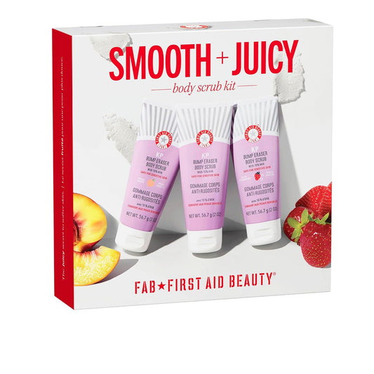First Aid Beauty Smooth + Juicy Body Scrub Kit: KP Bump Eraser Body Scrub with 10% AHA, Daily Exfoliation Keratosis Pilaris Set to Help Reduce Chicken Skin Bumps; Strawberry, Peach, & Original (2 oz)