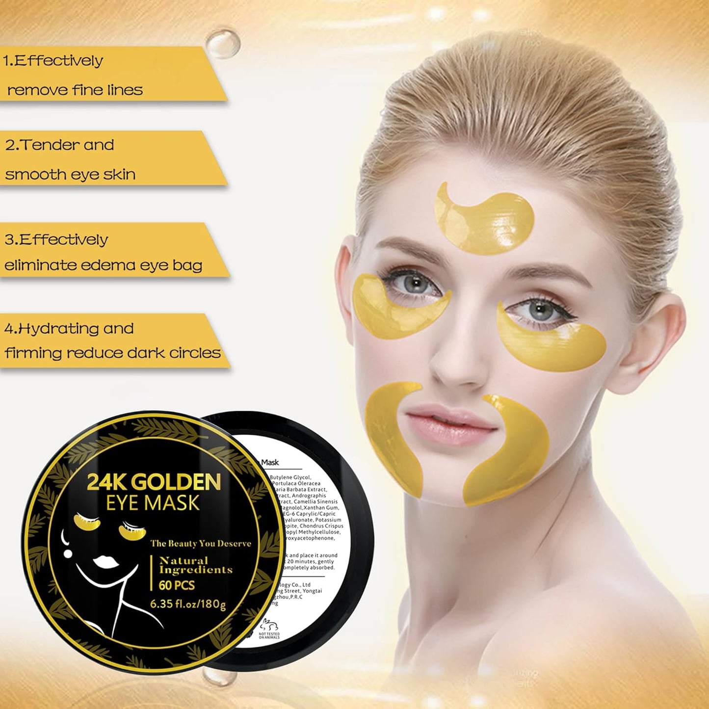 Anti-Aging Under Eye Patches, 24K Gold Eye Mask, Reduce Puffiness and Dark Circles, Nourish Skin, Smooth Wrinkles, 30 Pairs