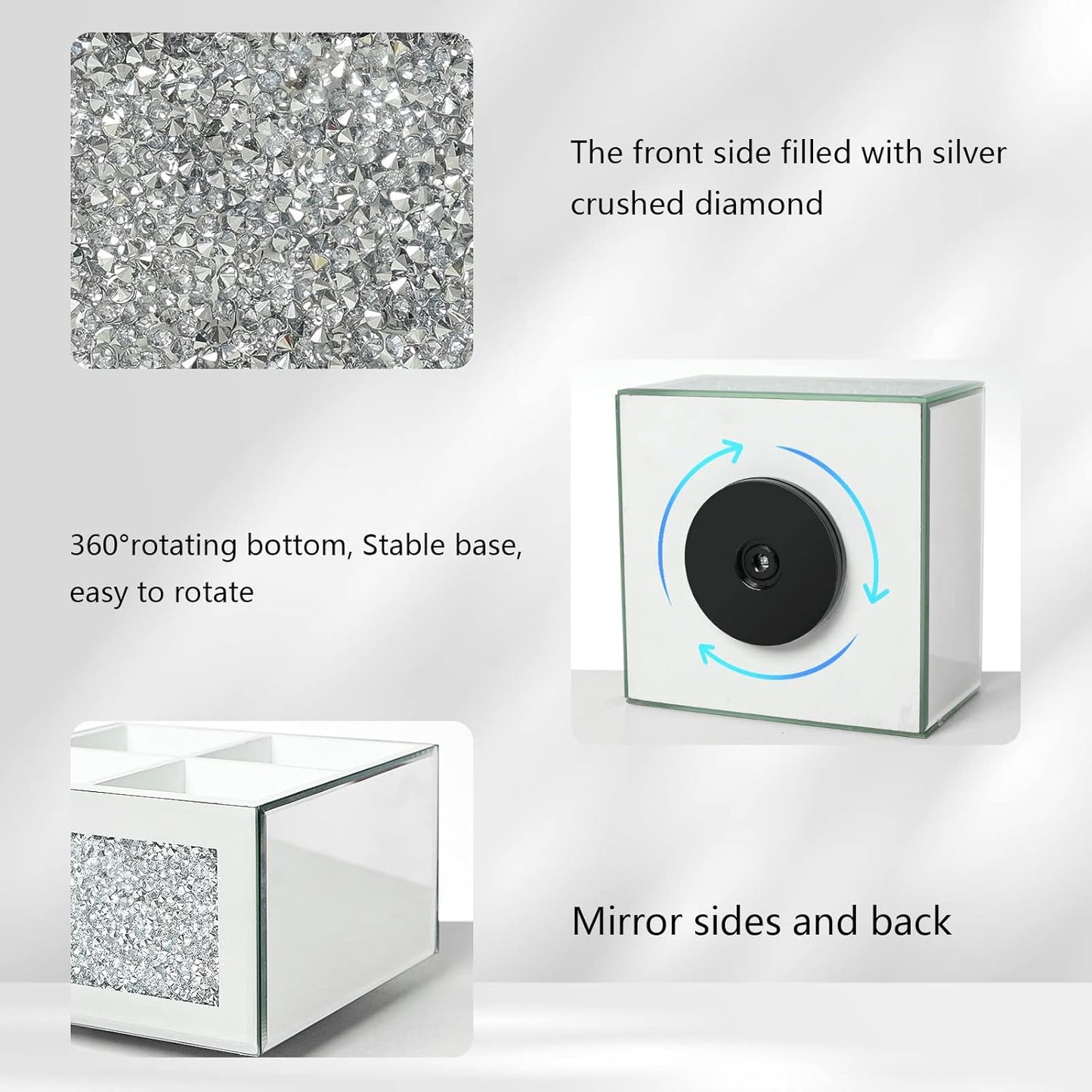 SWTHONY 360 Rotating Makeup Brush Holder Organizer, Silver Bling 4 Slot Crushed Diamond Glass Mirrored Cosmetic Brushes Storage, Eyeliners Eyebrow Pencil Display Case