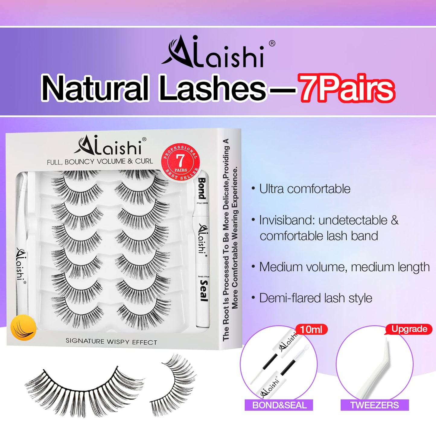 Wispy False Eyelashes Kit With Bond, Seal and Tweezer, 7 Pairs Natural Look Fake Cat Eye Lashes Strips Thin Band Extensions Waterproof Easy Eyelashes for Beginners DF1