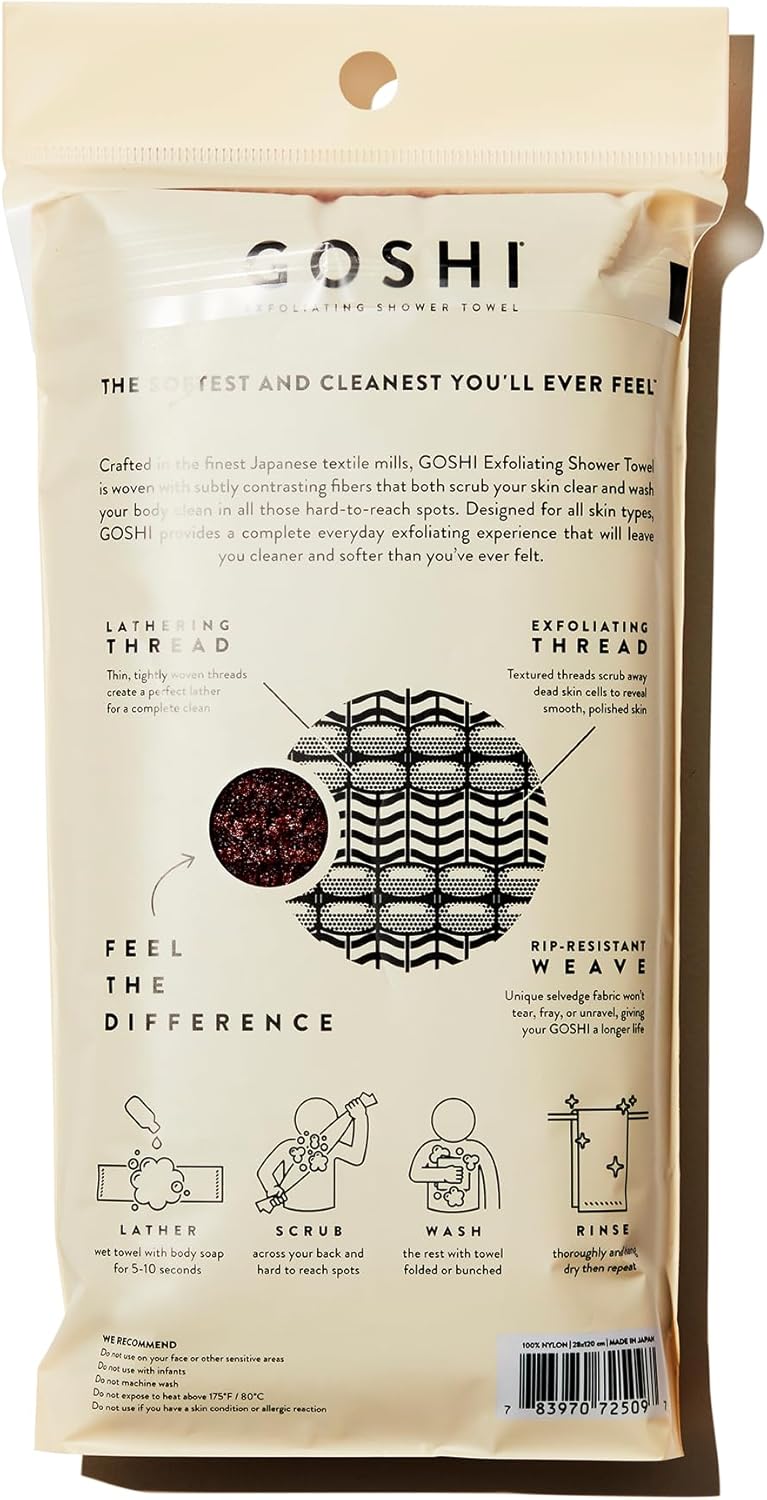 GOSHI Exfoliating Shower Towel - Rip-Resistant Exfoliating Washcloth for All Skin Types - Brick Red - Made in Japan