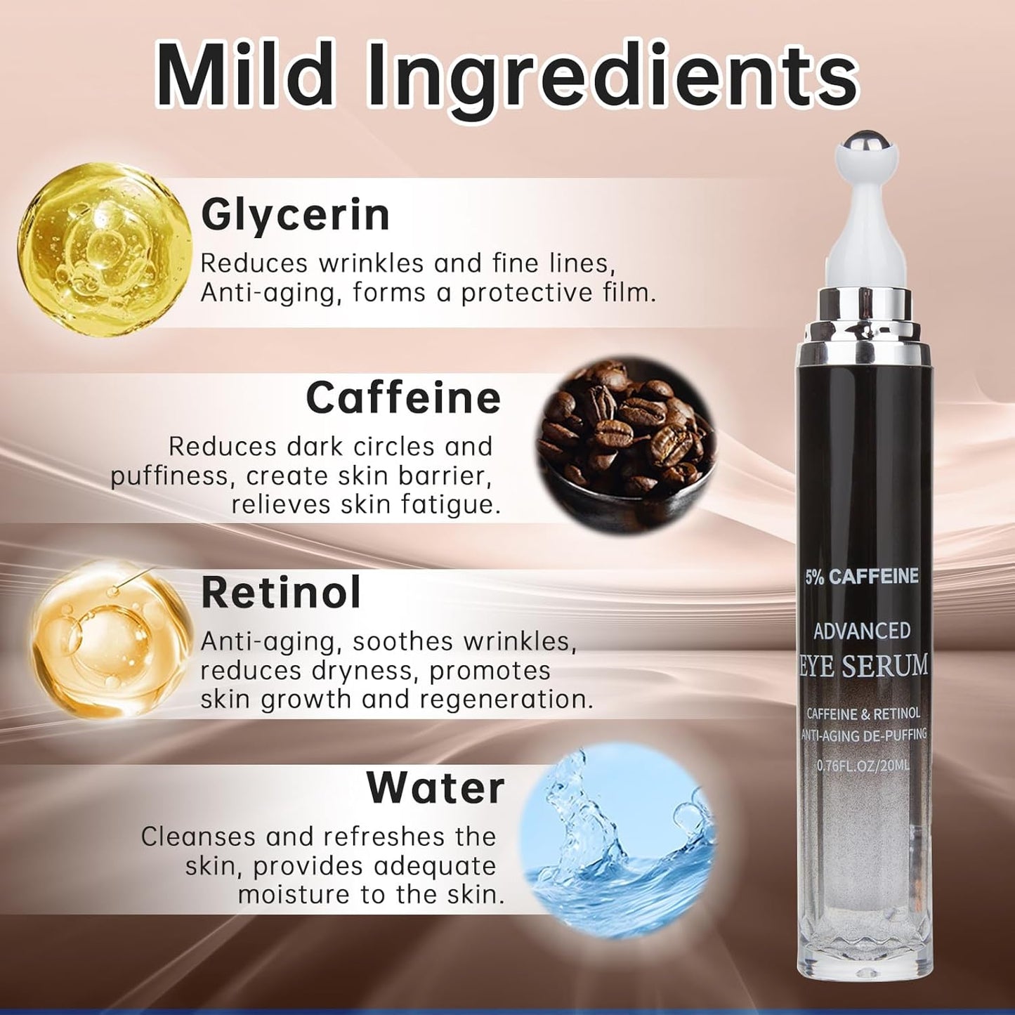 Caffeine 5% Eye Cream for Dark Circles, Under Eye Cream for Puffiness, Bags & Wrinkles, 2 PCS Anti Aging Eye Serum with Under Eye Roller, Reduces Fine Lines & Moisturize Skin.