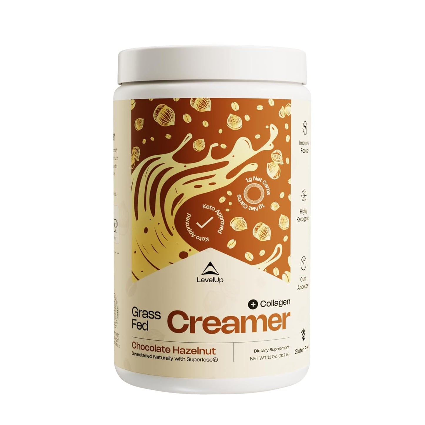LevelUp Creamer, with Energizing MCT Oil and Collagen Peptides, Keto Coffee Creamer, Supports Natural Energy & Ketone Production - Chocolate Hazelnut
