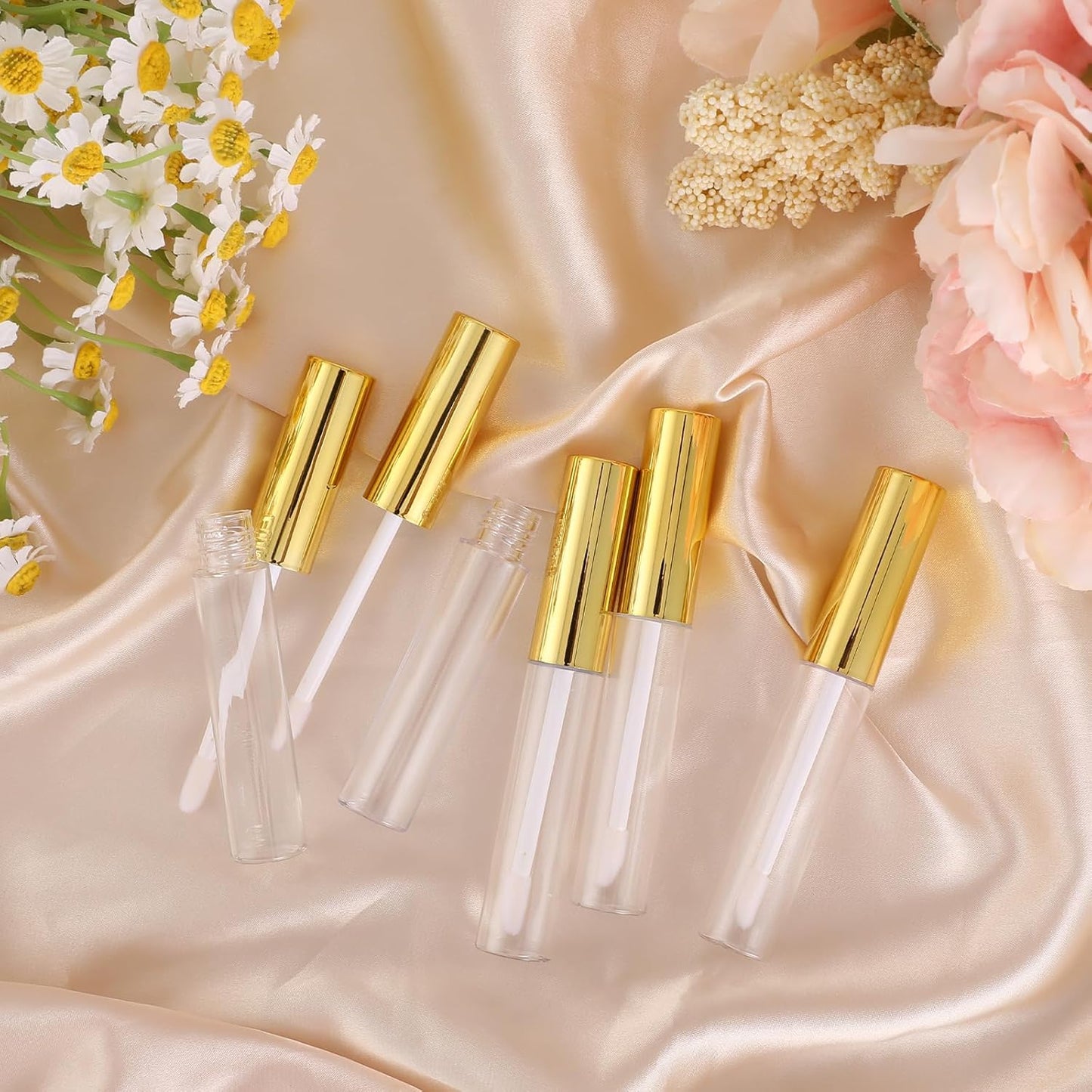 Molain 5PCS Empty Lip Gloss Tubes, 10ml Refillable Cosmetic Containers Bottles Lip Balm Bottles with Wand Concealer for Lipstick Samples, Lip Balms(Gold tube cap)