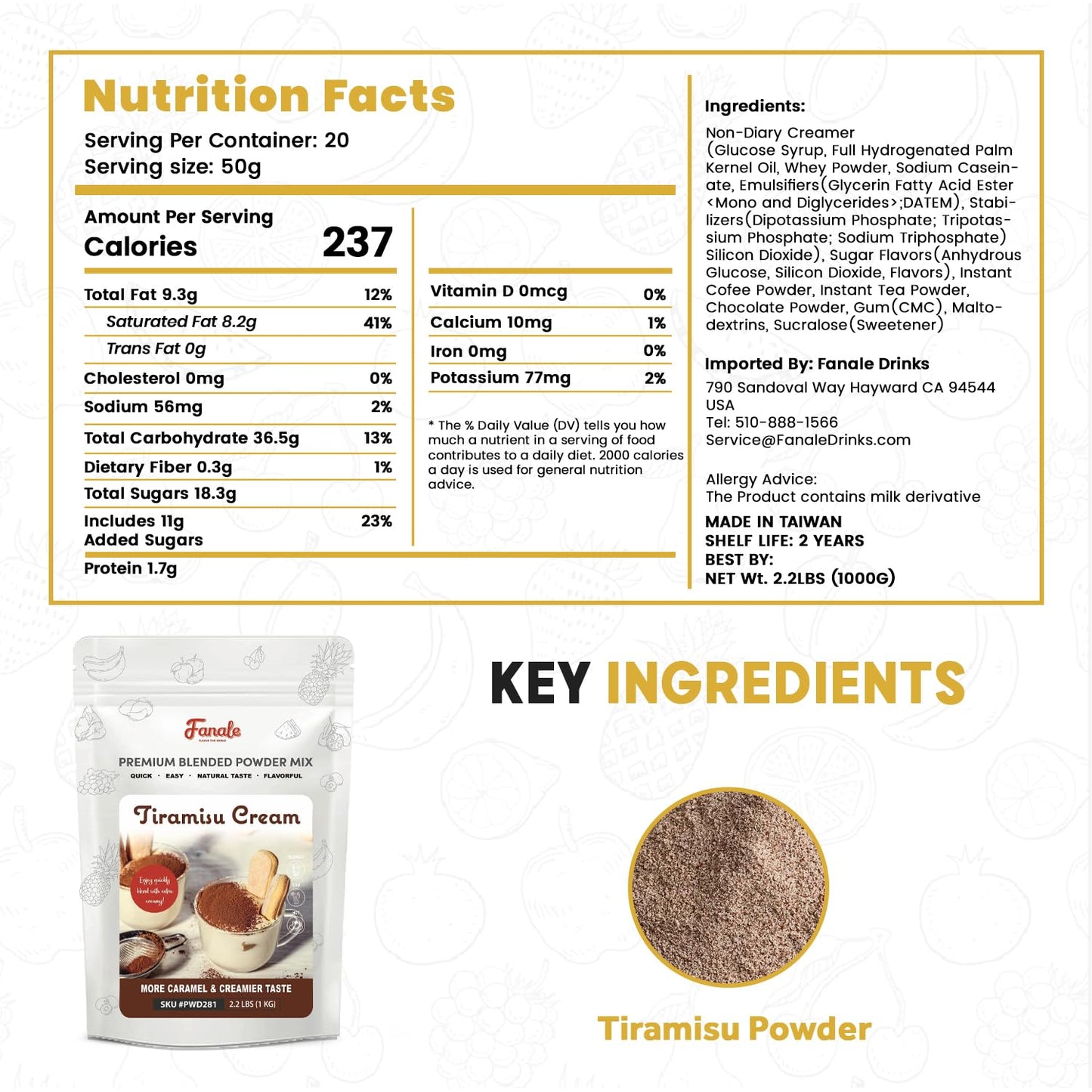 Fanale Premium Tiramisu Bubble Tea Flavoring Powder | Perfect for Baking, Smoothies, Desserts and Drinks | Instant Flavoring Powder for Boba Milk Tea- 2.2 Pounds (Pack of 20).