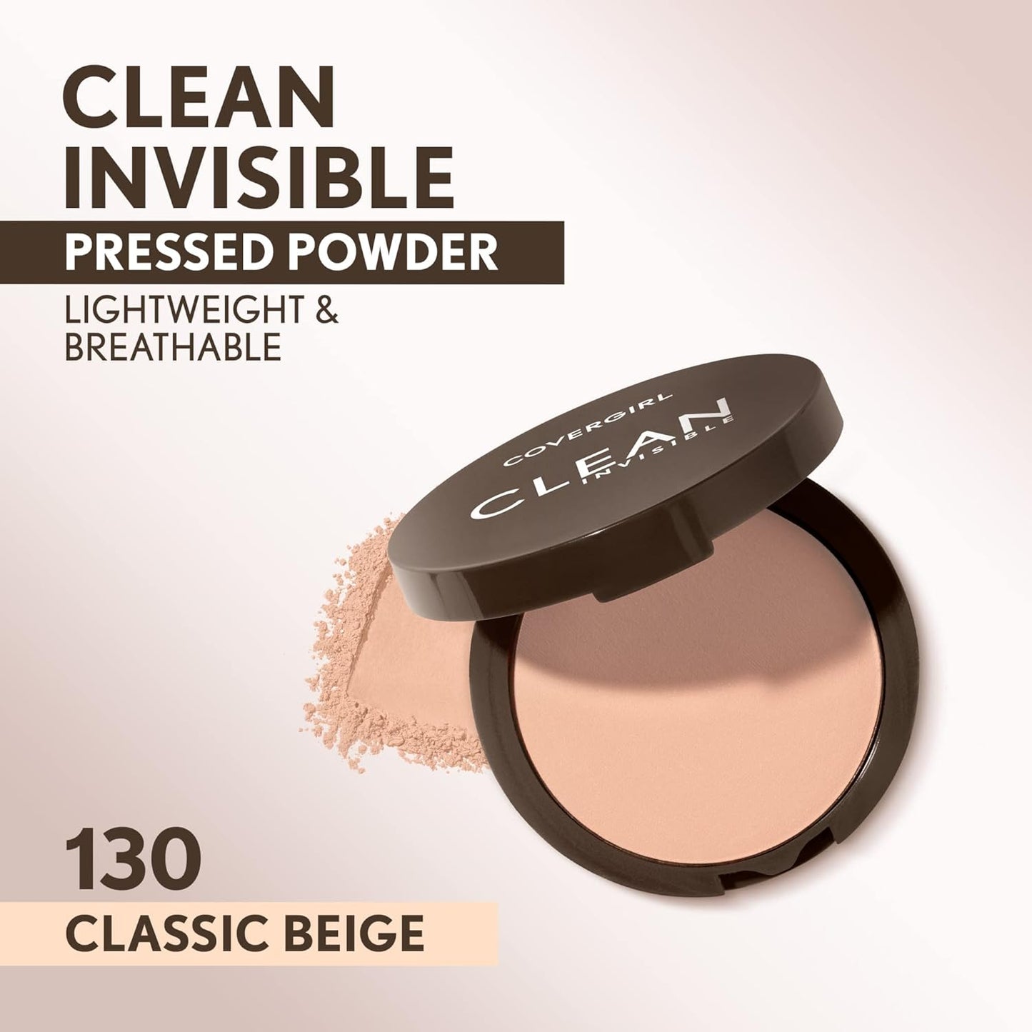 Covergirl Clean Invisible Pressed Powder, Lightweight, Breathable, Vegan Formula, 130 - Classic Beige, 0.38oz