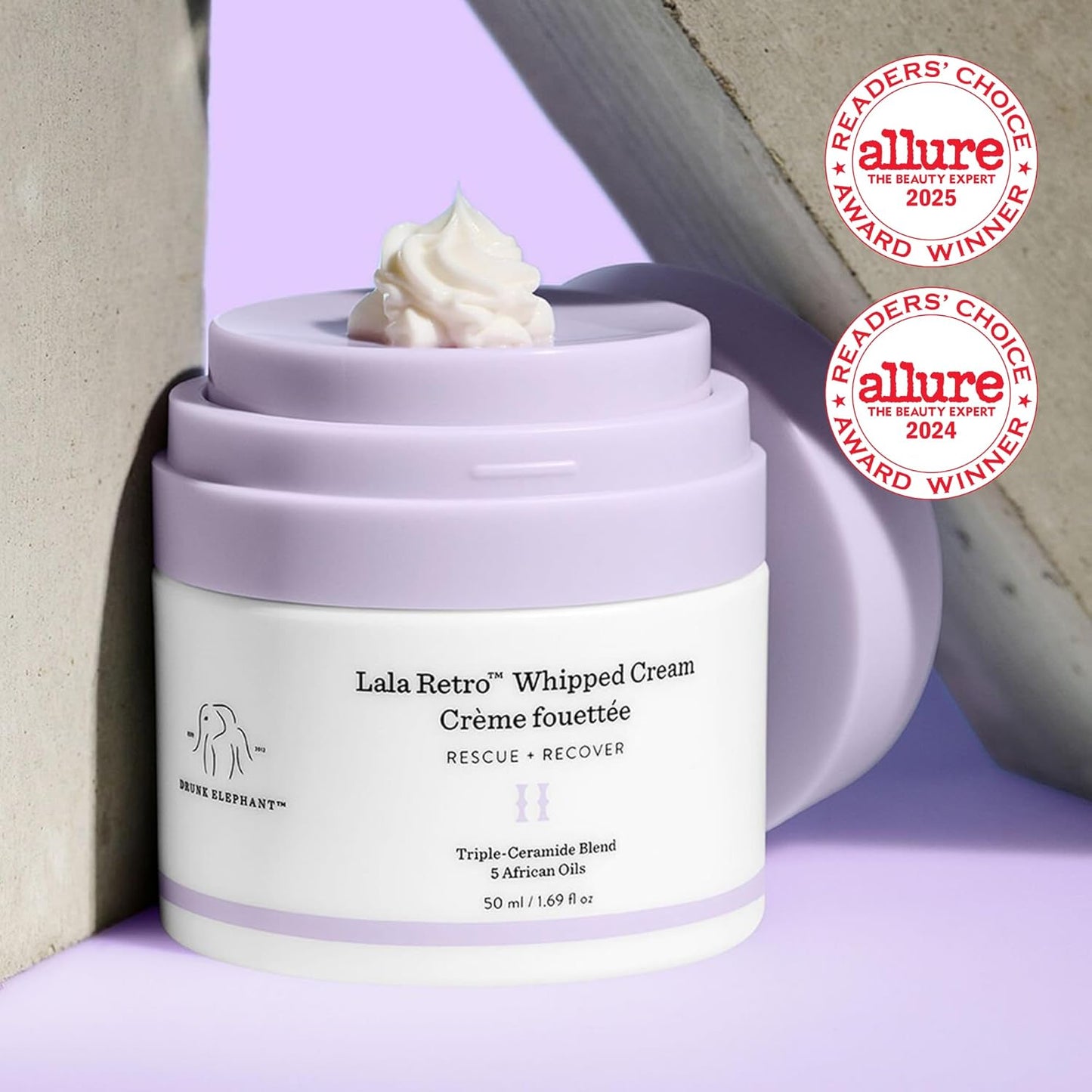 Drunk Elephant Lala Retro Whipped Cream - 50 ml/1.69 fl oz - Ceramide Moisturizer - Clean Clinical Skincare - Cruelty-Free - Dermatologist-Tested - Includes D-Bronzi Deluxe Sample (5 ml/.16 fl oz)