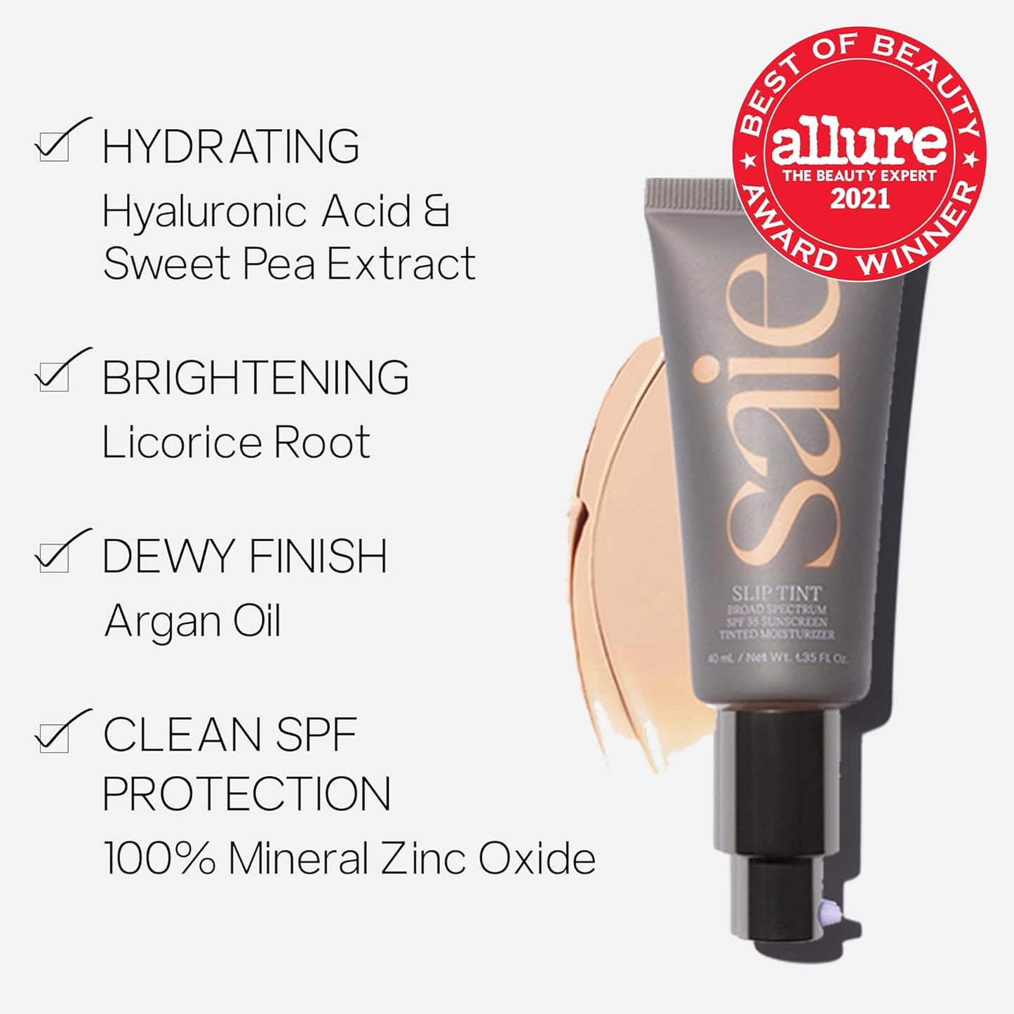 Saie Slip Tint SPF 35 Tinted Moisturizer - Light Coverage Moisturizer + Broad Spectrum Zinc Oxide Sunscreen with Hydrating Hyaluronic Acid - Shade Seven (1.35 oz)