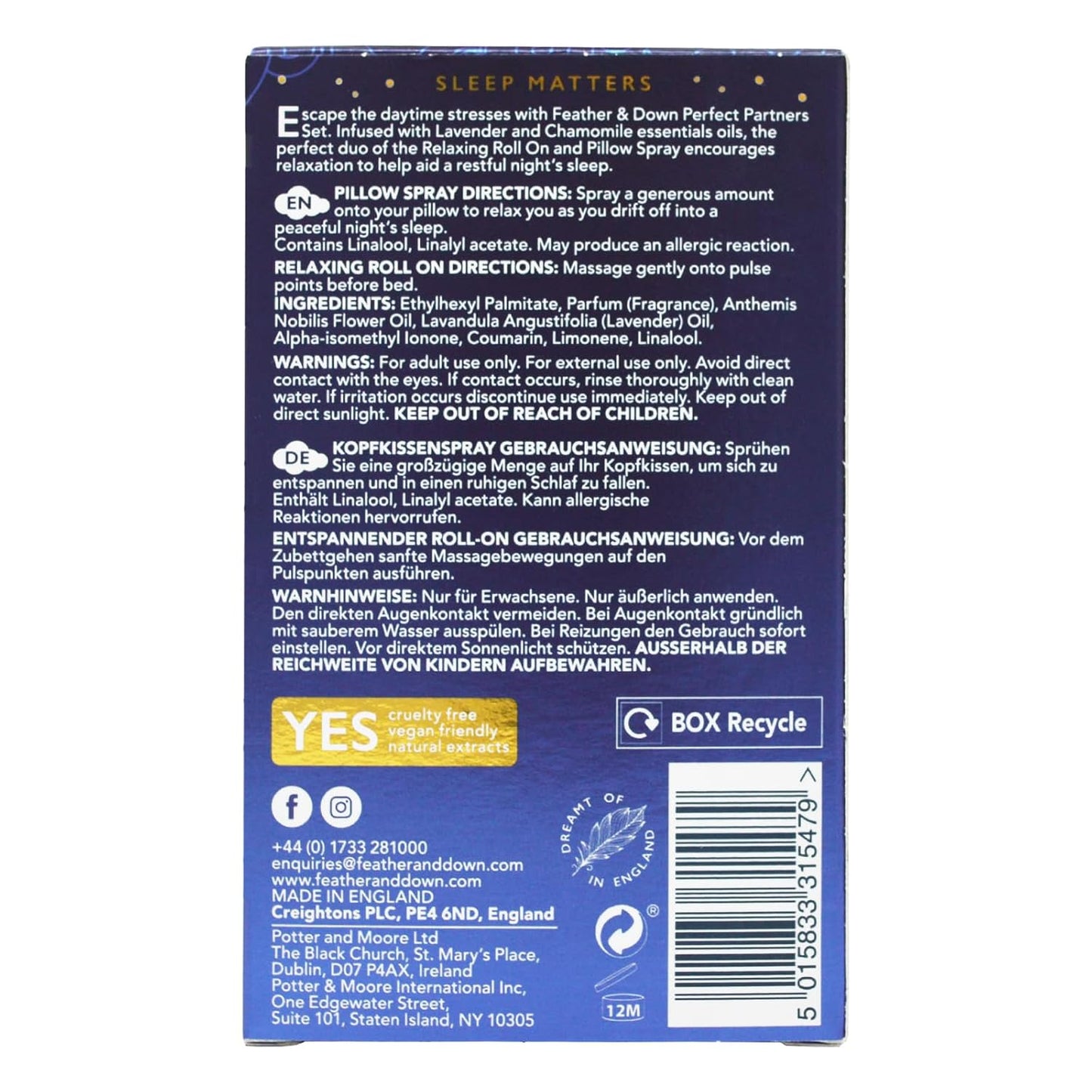 Feather & Down Sweet Dream Perfect Partners Gift Set: 50ml Pillow Spray & 10ml Roll-On, With Calming Lavender & Chamomile Essential Oils, Vegan & Cruelty Free