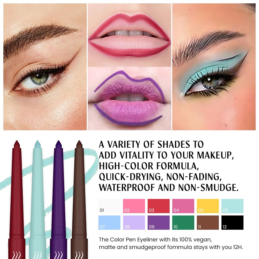 evpct 12Pcs Colored Matte Gel Eyeliner Pencils Set for Women, Green Blue White Black Auburn Yellow Orange Eyeliner Waterline Waterproof lapiz de ojos delineador de ojos contra el agua eye liner Makeup