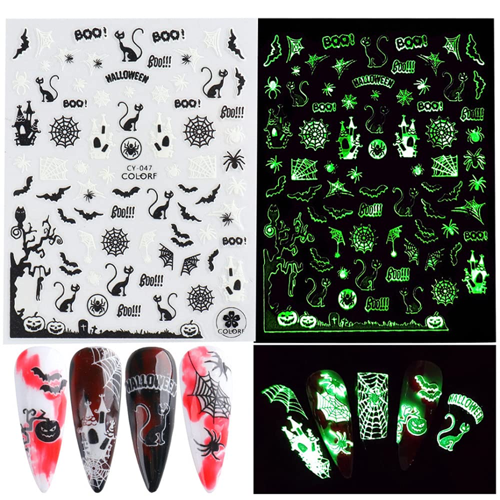 Luminous Nail Stickers - 3D Halloween Nail Art Designs - Skull, Ghost, Pumpkin, Spider, Bat Decals - Self-Adhesive, 6 Sheets