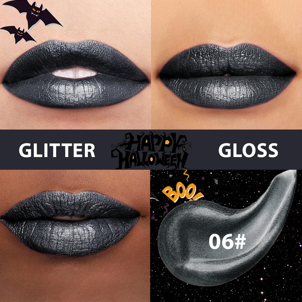 Gray Black Metallic Lipstick for Women,Glitter Sparkling Liquid Lipstick,Long Lasting Waterproof Lightweight Comfortable Non-Drying Bold Dark Lip Gloss for Gothic Stage Makeup,Vegan