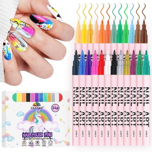 EBANKU 24 Colors Waterborne acrylic ink Nail Art Pens Set, 0.7MM Nail Polish Pens Quick-Drying Acrylic Paint Pen Point Dotting Liner Pen Nail Drawing Painting Manicure Tools for 3D Salon Home Nail DIY