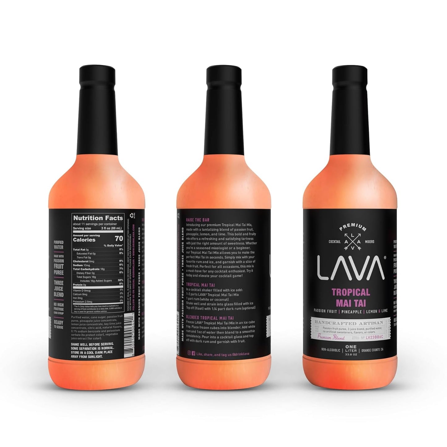 LAVA Premium Tropical Mai Tai Mix made with real passion fruit, pineapple, lemon and lime, no artificial sweeteners, 1-Liter (33.8oz) Glass Bottle, Ready to Use.