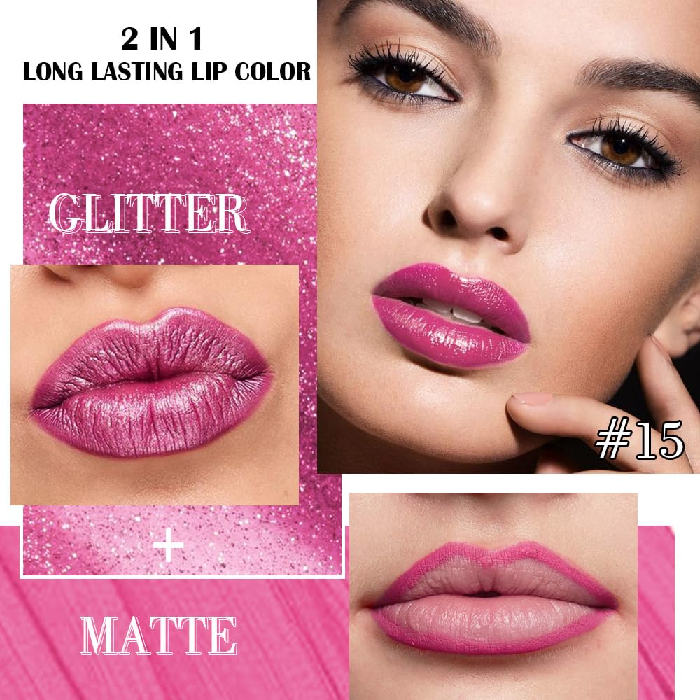 evpct Rose Metallic Glitter Lip Liner and Lipstick Combo Lip Gloss Stain Set Makeup for Women Long Lasting Waterproof 24, Metal Barbie Frosted Metallic Shimmer Glossy Iridescent Liquid Lipstick 15