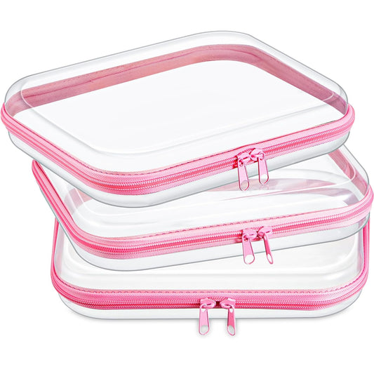 Hoolerry 3 Pcs Clear Hard Zipper Case Plastic Pouch Transparent Hard Case Clear Makeup Bag Portable Travel Organizer Bin for Cosmetics, Building Blocks, Puzzles(Pink,M)