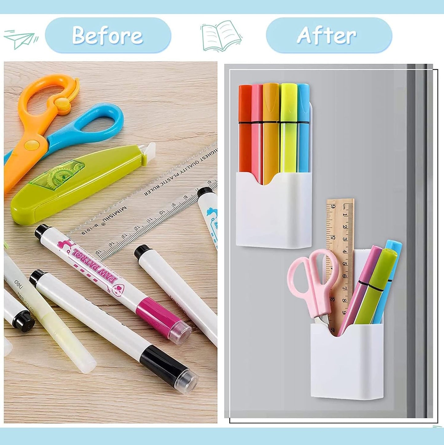 Magnetic Marker Holder Pen Holder for Whiteboard or Fridge Magnet Pencil Cup Storage Organizer for Classroom Office Home Locker and Metal Cabinets Media Organizer Storage 2Pack(White) (White)